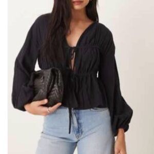 Asos long sleeve smock top with ties in black